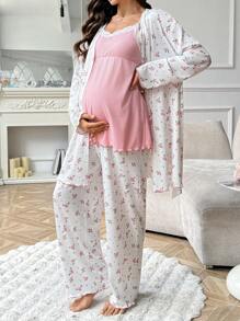 Moonlight&Mama 3pcs/Set Romantic Ditsy Floral Lace Cami Top, Long Pants And Robe, Maternity Sleepwear Holiday Season, Fall Winter Clothes - Multicolor - View 4