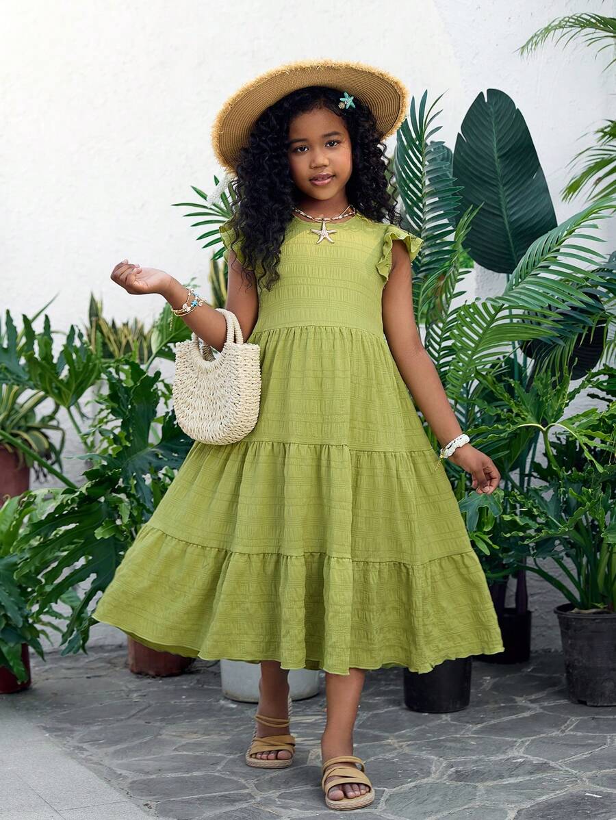 Tween Girl's Vacation Loose Casual Sweet Cute Textured Layered Cap Sleeve Dress, Suitable For Everyday, Commute, Leisure, Vacation, Gathering With Friends And Family, Spring/Summer Kids Summer Clothes Dress Summer Dresses For Girls Young Girls Dresses Young Girls Dresses Unique Dresses For Girls - Green - View 1