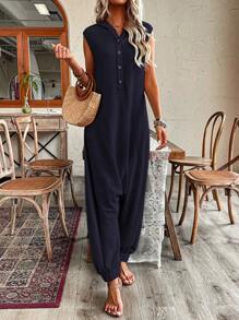 EMERY ROSE Women's Solid Color Sleeveless Jumpsuit, Fashionable For Summer - Navy Blue - View 6