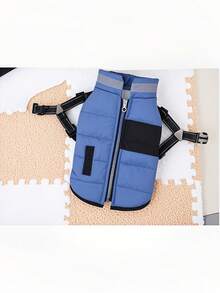 Autumn/Winter New Animal Outfit, Pet Padded Coat, Thick Warm Clothing, Cat Clothes, Dog Parka, Cat Puffers, Animal Costumes, Cat Warm Outfits, British Style Tether Padded Coat, Reflective Coat, Warm Animal Padded Vest, Fall/Winter Essential, Reflective Strip Padded Coat - Blue - View 5