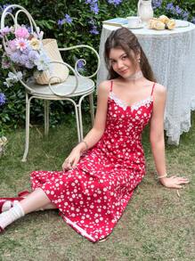 SHEIN Teen Girl Casual Simplicity Ditsy Floral Spaghetti Strap Ruffled Mini Dress