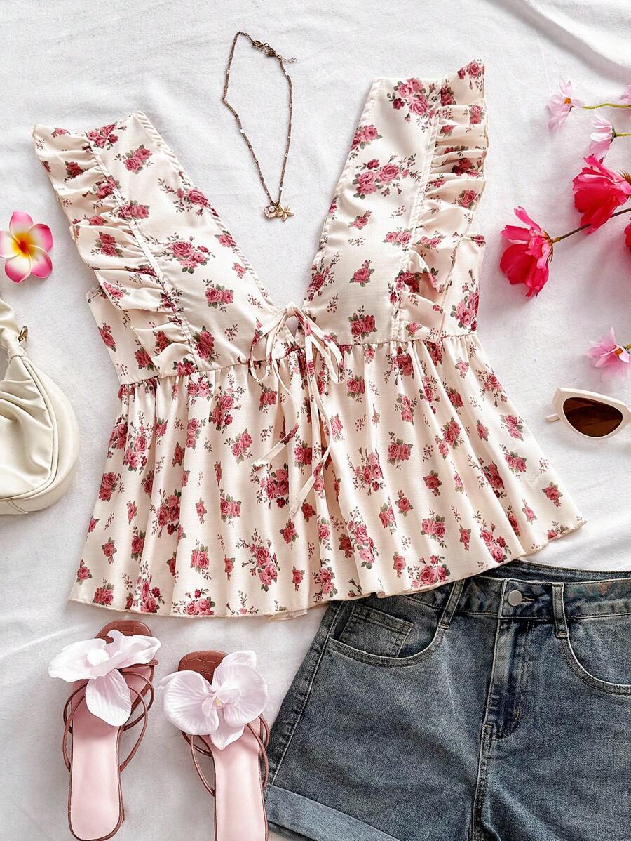 Soleia 女式复古花卉印花 V 领宽松波西米亚风海滩衬衫，适合夏季度假、音乐节装扮