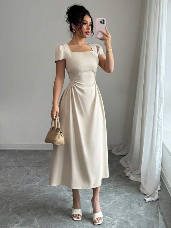 Elenzga Women's Elegant Solid Color Square Neck Waist Cinched Casual/Formal Midi Dress With Puff Sleeves, Suitable For Commuting, Vacation, Afternoon Tea In Spring/Summer