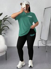 SHEIN EZwear 2 件大码短袖圆领 T 恤和裤子套装 - 墨綠色 - 查看 7