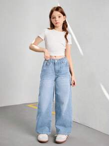 Tween Girl 复古宽松阔腿牛仔裤，休闲直筒牛仔裤 - 淺色水洗藍 - 查看 7