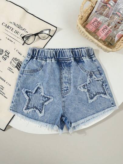 Sparklyn Shorts vaqueros de niñas preadolescentes con estilo Y2K, lavado vintage en azul claro, bajo deshilachado, bordado de estrellas, corte suelto, tela cómoda y suave, moda urbana, vaqueros para niñas