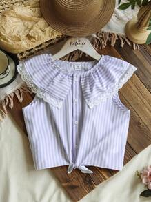 SHEIN Tween 女童蓝白条纹休闲百搭风格无袖圆领宽松衬衫，数码印花面料，适合居家 - 紫色 - 查看 2