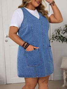 EMERY ROSE Đầm denim không tay cổ chữ V màu trơn cỡ lớn có túi - Màu xanh lam - Xem 6