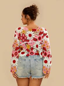 Travachic Áo cánh dài tay hở vai họa tiết hoa thêu nhiệt đới cỡ lớn cho nữ - Đỏ - Xem 2