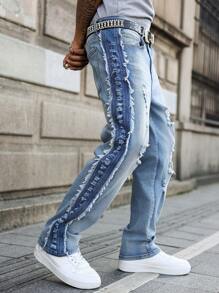 Manfinity EMRG Men's Pocket Distressed Frayed Edge Straight Leg Casual Jeans - Blue - View 5