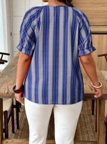 Breezaya Camisa de mujer de tallas grandes con cuello en V, decorada con estampado de rayas y botones