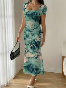 Modelyn 夏装方领美人鱼荷叶边修身连衣裙 - 彩色 - 查看 4