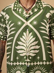 EASEVO Plus Size Men's Loose Printed Woven Shirt & Shorts Set - Army Green - View 6