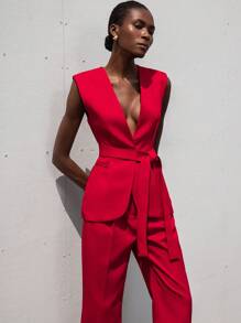 Aveloria Modichic Sleeveless V-Neck Belted Formal Waistcoat - Red - View 5