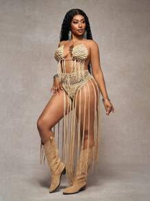 Slaydiva Plus Size Women Beach Vacation Spaghetti Strap Tassel Tank Top & Hollow Out Tassel Shorts Set, Perfect For Sexy Party, Holiday - Khaki - View 5