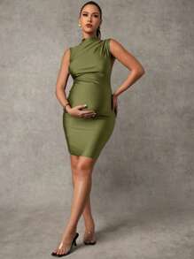 MaterniChic Vestido de maternidade sem mangas com zíper frontal de cor sólida, moderno para o verão - Verde de Exercício - Ver 6