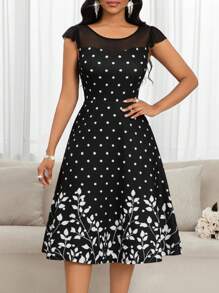 SHEIN Lady Vestido de fiesta con estampado de lunares y flores, de manga corta y con inserciones de rejilla, ideal para primavera y verano - Negro - Ver 3