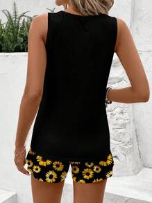 SHEIN LUNE 2 件套女士无袖圆领背心和短裤，向日葵印花，适合夏季度假 - 彩色 - 查看 2