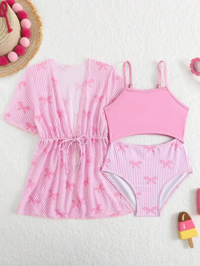 Bañador de una pieza para niñas / Conjunto de 2 piezas con kimono protector solar, estampado de donut, apto para vacaciones en la playa