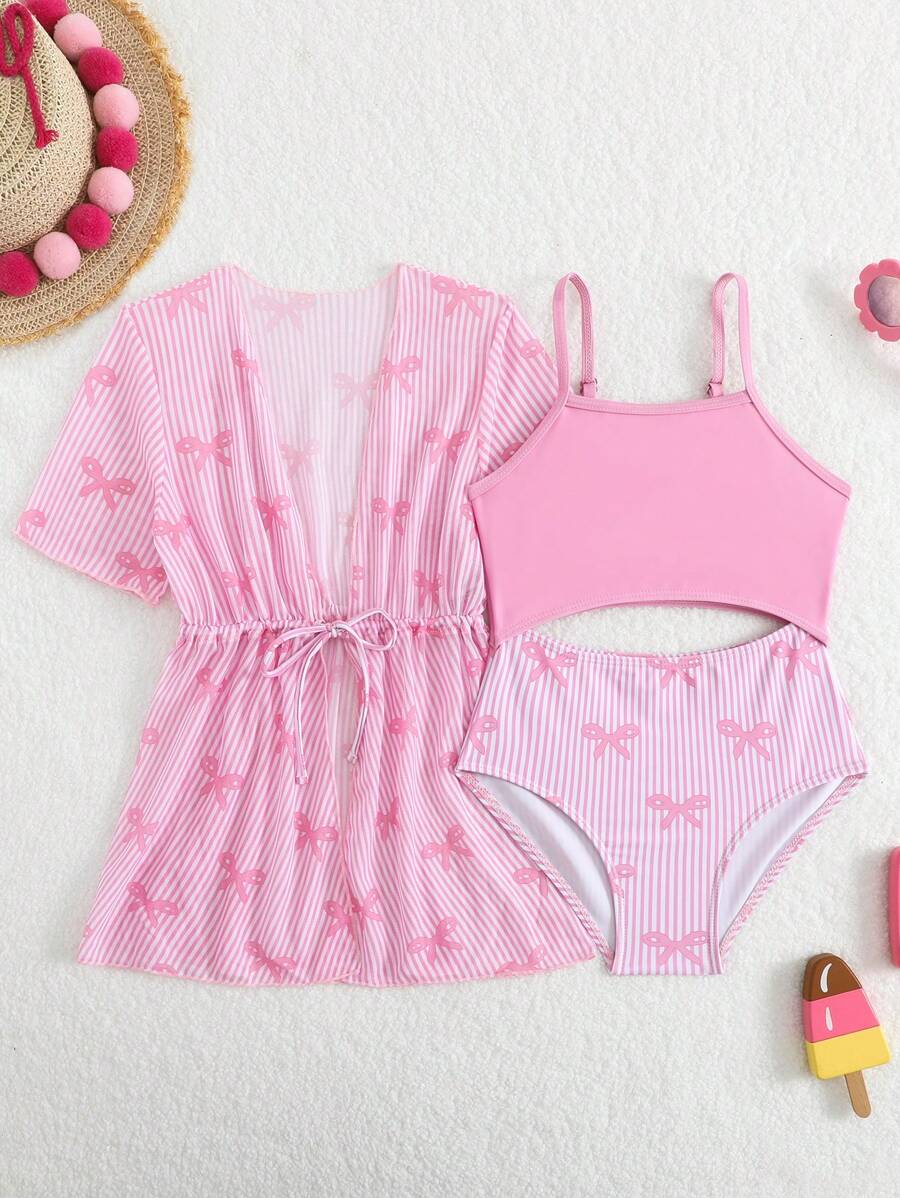 年轻女孩夏季连体泳衣/两件套防晒和服/甜甜圈印花，适合海滩度假 - 藕粉色 - 查看 1