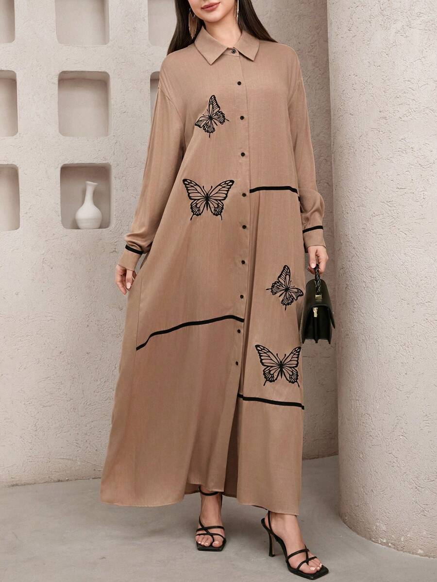 Veilorie Women's Elegant Loose Butterfly Embroidery Front Button Long Dress - Khaki - View 1