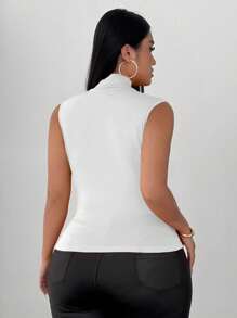 Elenzga Top de mujer de talla grande con cuello abotonado cruzado, sin mangas, ajustado y fruncido en el cuello - Blanco - Ver 2