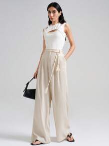 Ontre Light Beige Linen High Waist Loose Casual Trousers, Fashion Suit Pants Suitable For Summer Work Pants - Apricot - View 2