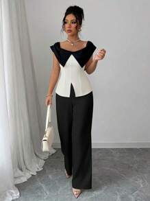 Elenzga 2pcs Women Elegant High-End Sexy Keyhole Design Top - Black and White - View 1