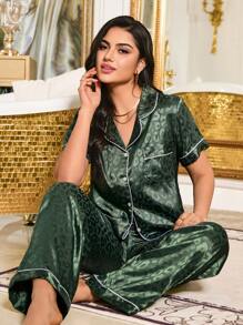 LuxeNights 提花翻领开衫女士睡衣套装 - 綠色 - 查看 5