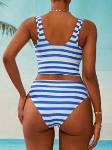 Swim Mod Women Striped Spaghetti Strap Bikini Top, Fashionable For Summer - Blue and White - View 2