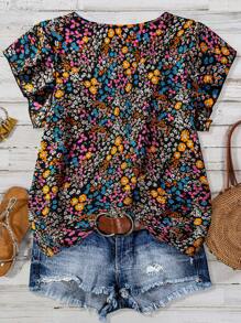 Linhara 夏季大码花卉印花荷叶边下摆圆领休闲衬衫