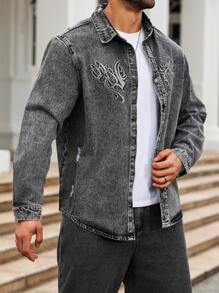 Manfinity LEGND Plus Size Men's Distressed Wash Embroidered Long Sleeve Denim Shirt