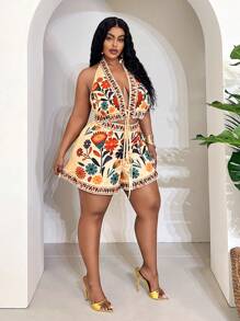 Slaydiva 春夏新品、音乐节、复活节、西部风、波西米亚风、纳什维尔风格、生日派对、毕业典礼、学生装、日常穿着、休闲风、百搭单品、度假、邮轮旅行、海滩、日光浴、印花、露背、系带、荷叶边、女士套装、波西米亚风假日装 - 杏色 - 查看 4