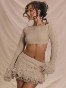 MUSERA 长袖针织短款上衣，袖口毛边细节，适合夏季度假、可爱优雅的海滩装扮，也适合伊比沙岛音乐节、海滩、西部风情之夜、秋季、冬季约会之夜等场合，蓬松柔软，时尚百搭。