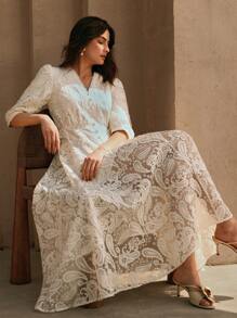 Anewsta 春夏优雅度假约会夜海滩女士约会派对 V 领透视腰部收紧蕾丝花卉刺绣优雅短袖长裙 - 杏色 - 查看 3