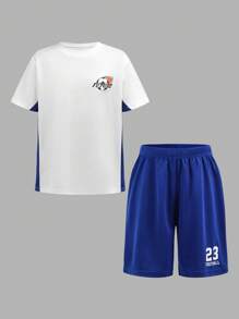 Tween Boys 2 Pieces Outfit, Loose Fit Short Sleeve Printed T-Shirt & Loose Letter Print Shorts, Comfortable Soft Sports & Leisure Suit For Running, Sports, Outdoor Daily Wear - Blue - View 7