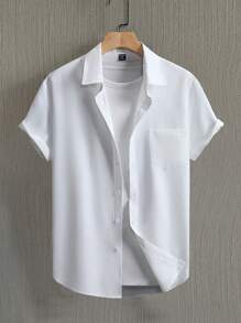 Manfinity Homme Men's Solid Color Short Sleeve Single-Breasted Pocket Casual Shirt - White - View 5