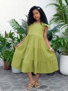 Tween Girl's Vacation Loose Casual Sweet Cute Textured Layered Cap Sleeve Dress, Suitable For Everyday, Commute, Leisure, Vacation, Gathering With Friends And Family, Spring/Summer Kids Summer Clothes Dress Summer Dresses For Girls Young Girls Dresses Young Girls Dresses Unique Dresses For Girls - Green - View 4