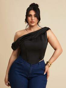 SHEIN BAE Plus Size Women's Elegant Black Summer Satin Asymmetrical Neck Camisole,Formal Evening Night Out Club Backless Top,Corset For Birthday Wedding Party - Black - View 1