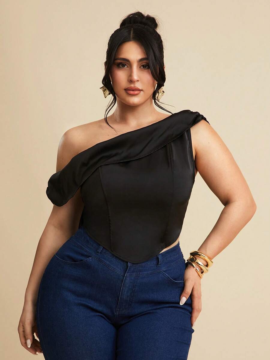SHEIN BAE Plus Size Women's Elegant Black Summer Satin Asymmetrical Neck Camisole,Formal Evening Night Out Club Backless Top,Corset For Birthday Wedding Party - Black - View 1