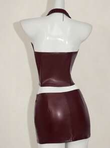 SHEIN ICON 2pcs Set: Fitted Bowknot Decor PU Halter Crop Top & Mini Skirt - Burgundy - View 6