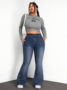 SHEIN ICON Jeans acampanados desgastados de talla grande con bolsillos angulares, uso diario casual - Azul lavado oscuro - Ver 5