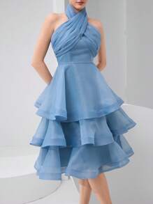 Modelyn 女士优雅灰蓝色欧根纱、褶皱、荷叶边领、三层荷叶边下摆连衣裙