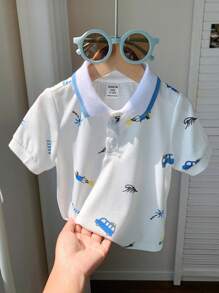 SHEIN Baby Boy/Girl Casual Sports Cute Funny Pattern Loose Knit Polo T-Shirt, Suitable For Spring/Summer Everyday And Outdoor Wear - White - View 4
