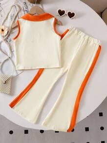 SHEIN 2pcs/Set Girls 3D Floral Knitted Color Blocking Polo Vest And Flared Pants, Summer Outfit