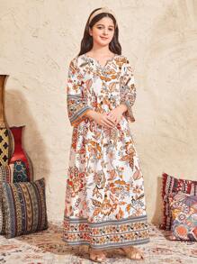 SHEIN Leap Crew Tween Girls Casual Vacation Vintage Ditsy Floral Patchwork Print V-Neck Ruched Loose Dress With 3/4 Sleeves - Rust Brown - View 3