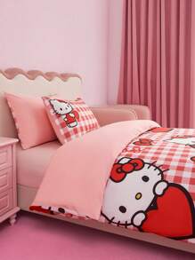 HELLO KITTY AND FRIENDS | SHEIN 可爱猫咪和心形图案床上用品 3 件套，面料柔软温暖，多种尺寸可选 - 紅色 - 查看 5