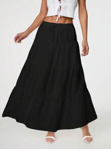 SHEIN PETITE Solid Color Drawstring Waist With Ruffle Hem Casual Skirt - Black - View 5