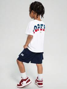 SHEIN Leap Crew 2pcs Kids Young Boy Casual Street, Versatile And Comfortable Letter Printed Round Neck Loose Short Sleeved Pullover T-Shirt In Clean Color Woven Shorts Two Pieces Set Suitable For Commuting To School, Daily Leisure Vacation Travel, Suitable For Sports, Suitable For Spring And Summer Seasons - White - View 1