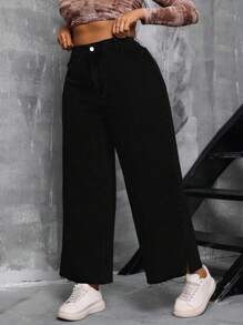 SHEIN SXY Plus Size Women Denim High Waist Wide Leg Jeans With Slit Detail Summer Outfits For Women Festival Outfits - Black - View 1